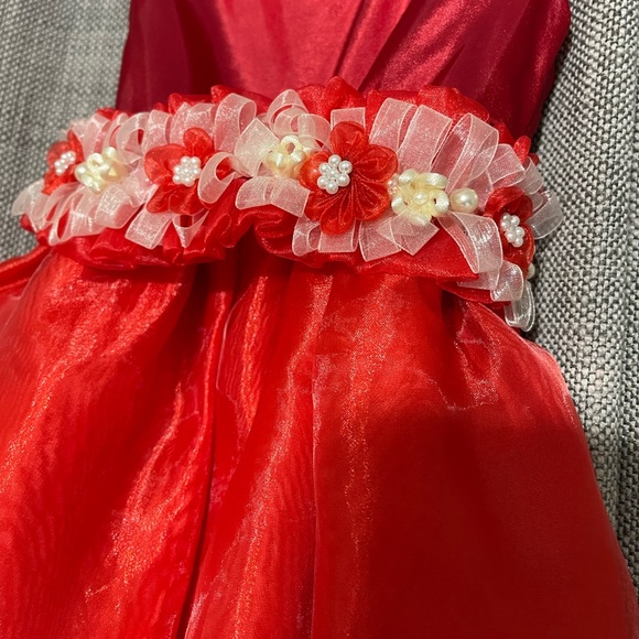 Baby Girl Red Tulle Dress Holiday Outfit with Beaded Belt - Picture 6 of 7